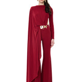 Brick Jersey One Shouldered Cape Detailed Jumpsuit With Gold Byzantine Belt