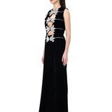 Black Velvet Jumpsuit With Crystal Floral Embroidery Décolleté