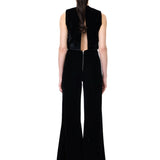 Black Velvet Jumpsuit With Crystal Floral Embroidery Décolleté
