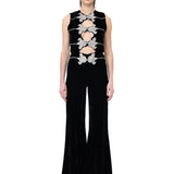 Black Velvet Jumpsuit With Crystal Floral Embroidery Décolleté