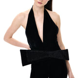 Black Velvet V-Neck Jumpsuit With Crystal Mesh Bow Detail