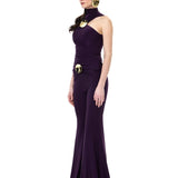 Plum Jersey Flared Pants With Gold Metallic Button