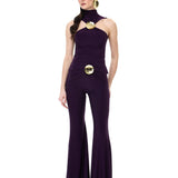 Plum Jersey Halter Neck Top With Gold Metallic Button