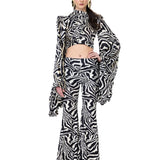Zebra Knitted Top With Draped Ruched Sleeves