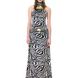 Zebra Knitted Long Skirt With Gold Metallic Button