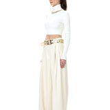 Cream Knit Turtleneck Top With Crystal Necklace Detail