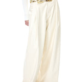 Cream Leather Wide Leg Pants