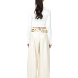 Cream Leather Wide Leg Pants