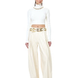 Cream Leather Wide Leg Pants