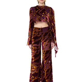 Velvet Chiffon-Printed Flare Pants