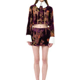 Burgundy Velvet Shirt With Chiffon Print And White Oversized Collar