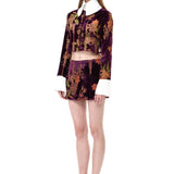 Burgundy Velvet Shirt With Chiffon Print And White Oversized Collar