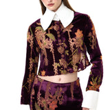 Burgundy Velvet Shirt With Chiffon Print And White Oversized Collar