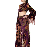 Burgundy Velvet Top With Chiffon Print, Flared Sleeves And Copper Crystal Tassels