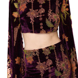 Burgundy Velvet Top With Chiffon Print, Flared Sleeves And Copper Crystal Tassels