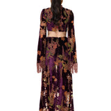 Burgundy Velvet Long Skirt With Chiffon Print
