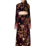 Burgundy Velvet Top With Chiffon Print, Flared Sleeves And Copper Crystal Tassels
