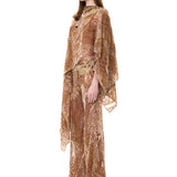 Beige Velvet Shawl Style Top With Chiffon Print And Mirror Embellishment