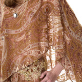 Beige Velvet Shawl Style Top With Chiffon Print And Mirror Embellishment