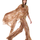 Beige Velvet Flare Pants With Chiffon Print