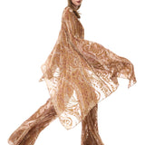 Beige Velvet Shawl Style Top With Chiffon Print And Mirror Embellishment