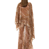 Beige Velvet Flare Pants With Chiffon Print