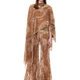 Beige Velvet Flare Pants With Chiffon Print