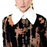 Black Velvet Shirt With Chiffon Print And White Oversized Collar