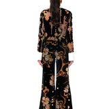 Black Velvet Shirt With Chiffon Print And White Oversized Collar