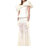 Cream Lace Pleated Flare Pants