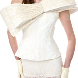 Ecru Lace Pleated Corset With Bow Detail