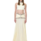 Cream Chiffon Pleated Skirt With Crystal Accessory Detail