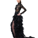 Organza Laser-Cut Skirt, High-Low Hemline
