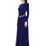 Sapphire Pleated Chiffon Pants With Crystal Belt Detail
