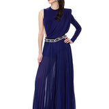 Sapphire Pleated Chiffon Pants With Crystal Belt Detail