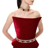Red Velvet Sculptural Corset With Crystal Belt