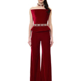 Red Velvet Sculptural Corset With Crystal Belt