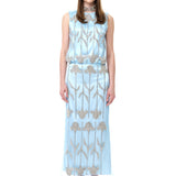 Light Blue Tulle Midi Skirt With Crystal Flower Embroidery
