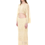 Pearl Hand-Embroidered Fringed Midi Skirt