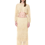 Pearl Hand-Embroidered Fringed Midi Skirt