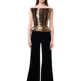 Gold Copper Leather Laser Cut Stripe Detailed Corset