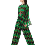Green & Black Diamond-Print Chiffon Wide Pants With Copper Sequins