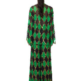 Green & Black Diamond-Print Chiffon Wide Pants With Copper Sequins