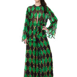 Green & Black Diamond-Print Chiffon Wide Pants With Copper Sequins