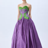 Royal Purple Silk Shantung Ball Gown With Pistachio Green Flower Embroidery