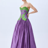 Royal Purple Silk Shantung Ball Gown With Pistachio Green Flower Embroidery