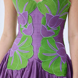 Royal Purple Silk Shantung Ball Gown With Pistachio Green Flower Embroidery