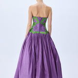Royal Purple Silk Shantung Ball Gown With Pistachio Green Flower Embroidery