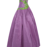 Royal Purple Silk Shantung Ball Gown With Pistachio Green Flower Embroidery