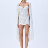 Crystal Chain And Flower Embroidered Lace Mini Dress With Chiffon Pleated Crystal Chain Without Cape